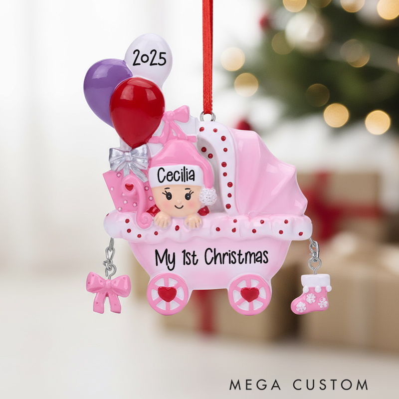 Personalized Baby’s First Christmas Ornament 2025 Pink and Blue Baby Carriage Decoration