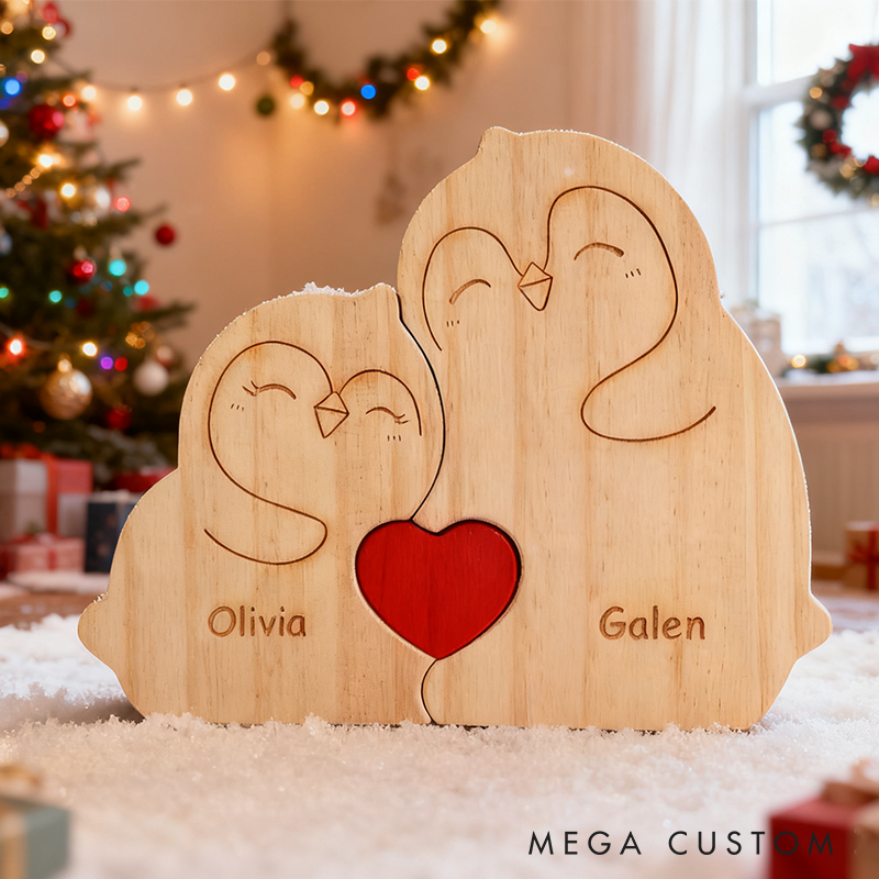 Personalized Wooden Penguin Couple Puzzle Custom Name Fat Penguin Couple Wedding Gift for Wife Husband