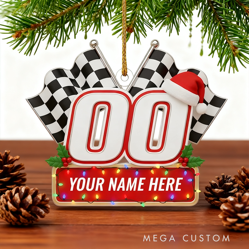 Personalized Racing Christmas Ornament Custom Name and Number Checkered Flag Decoration Gift for Car Lovers and Motorsports Fans