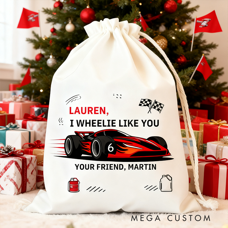 Personalized Racing Gift Sack Custom Name and Message Race Car Drawstring Bag Christmas Gift Bag for Racing and Car Lovers