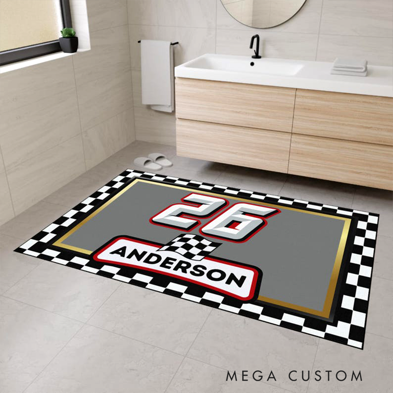 Personalized Racing Doormat Custom Name and Number Checkered Flag Floor Mat Gift for Car Lovers and Motorsport Fans