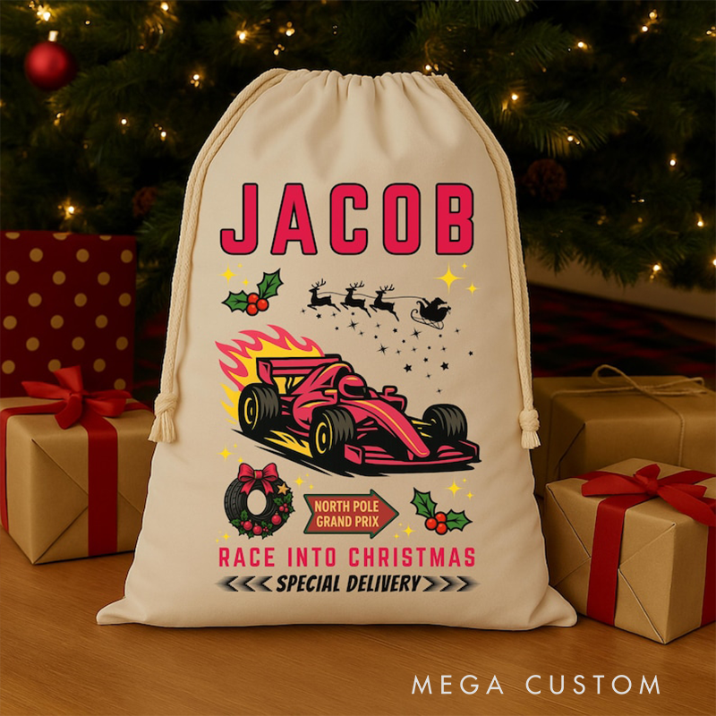 Personalized Racing Christmas Sack Custom Name and Car Color Gift Bag for Racing and Car Lovers