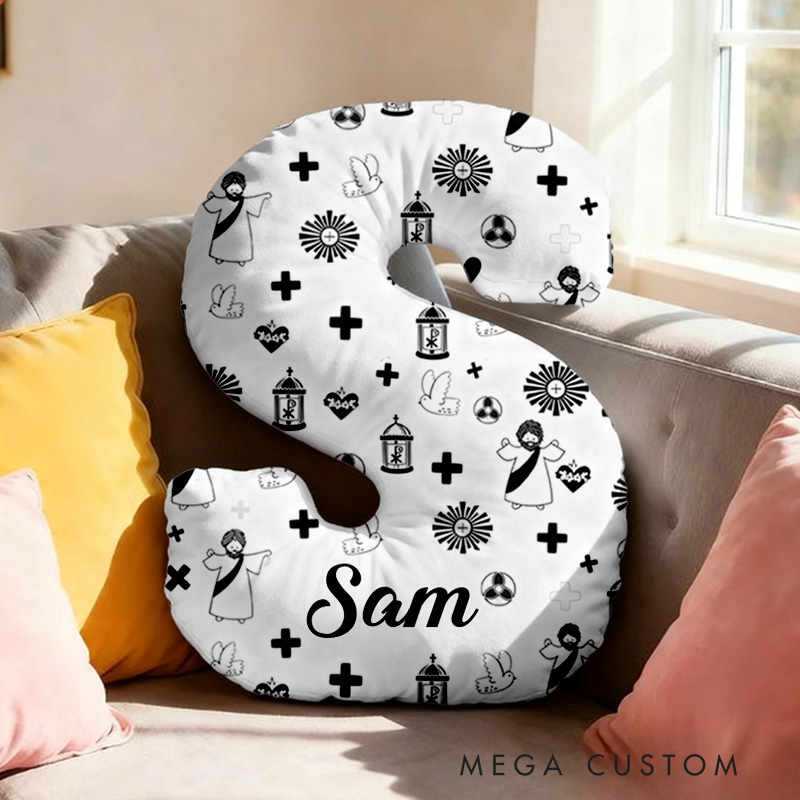 Personalized Jesus Cross Letter Pillow with Custom Name Home Decor Religious Pillow Catholic Gift Faith Gift