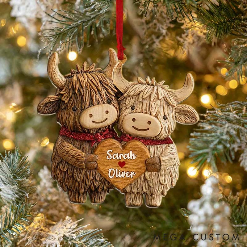 Personalized Couple Highland Cow Christmas Tree Ornament Decoration with Names for Lover Keepsake Gift for Husband Wife
