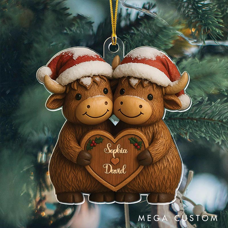 Personalized Couple Highland Cow Christmas Tree Ornament Decoration with Names Santa hat Highland Cow Chrismas Gift for Husband Wife