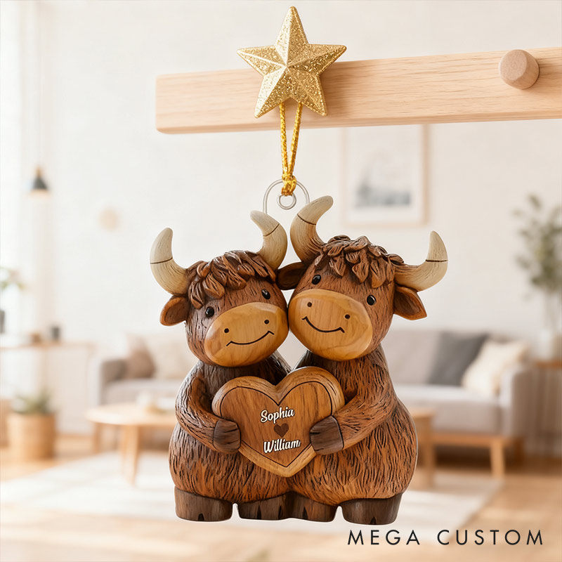 Personalized Couple Highland Cow Christmas Tree Ornament Decoration with Names Chrismas Gift for Husband Wife Gift for Couple