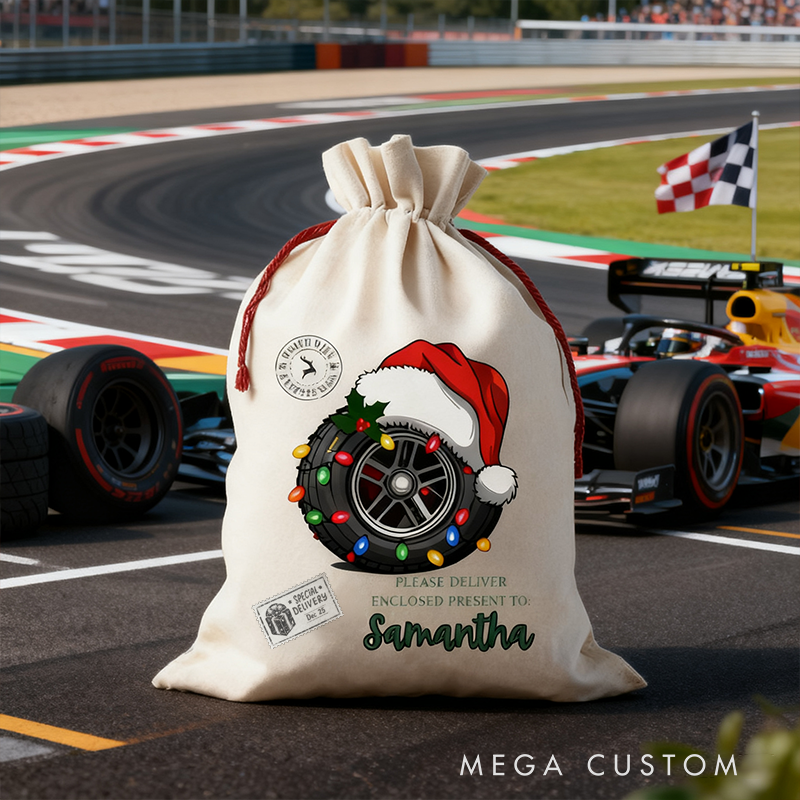 Personalized Racing Christmas Sack Custom Name Christmas Gift Bag for Car Lovers and Motorsport Fans