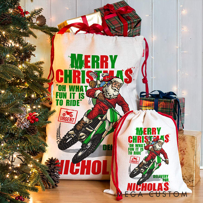 Personalized Motorcycle Santa Christmas Sack Custom Name Gift Bag for Bikers and Racing Lovers