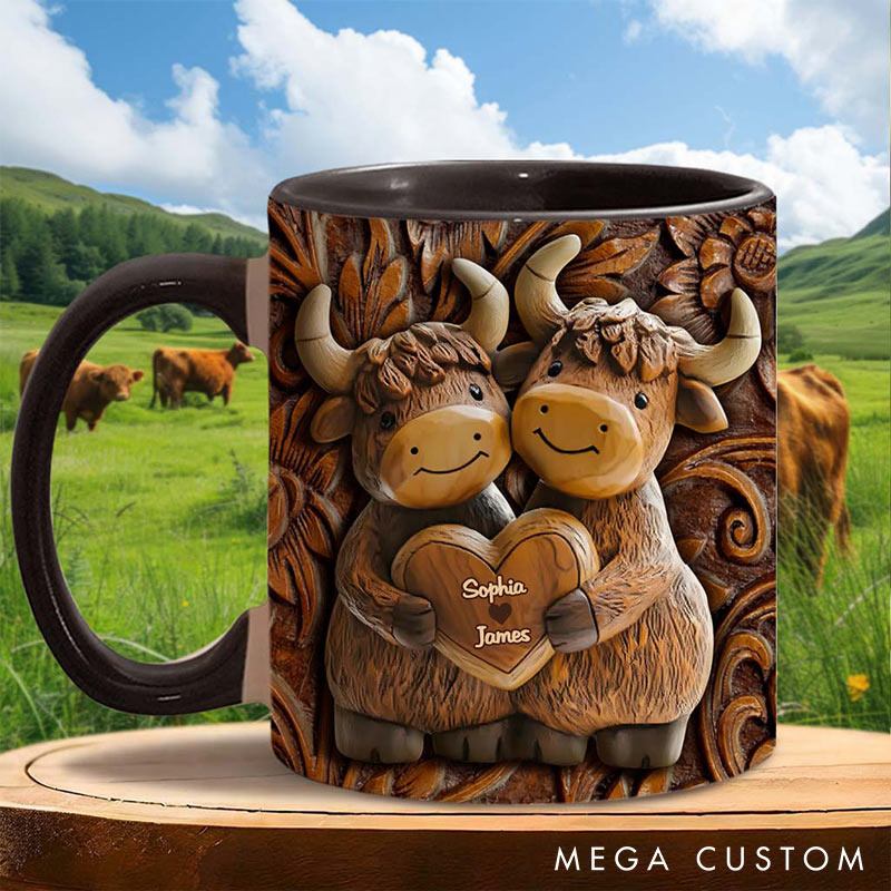 Personalized Highland Cow Couple Mugs Costom Names Couple Gift Mug for Boyfriend Girlfriend Funny Couple Mugs