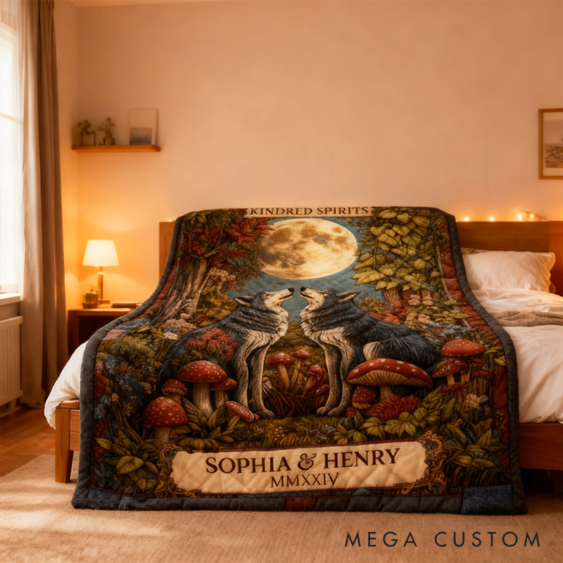 Personalized Couple Wolf Kindred Spirits Blanket Custom Newlyweds Name and Roman Numerals Blanket Valentine's Day Gift for Husband Wife Bride Groom
