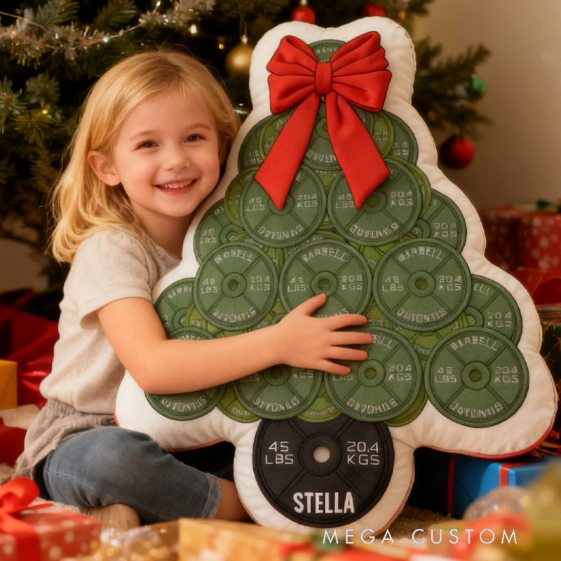 Personalized 45lb Plate Christmas Tree Plush Pillow Graphic 3D Print Gift Ideas Powerlifter Christmas Cute Gifts Custom Name Pillow Comfortable Christmas Decor for Gym Lovers