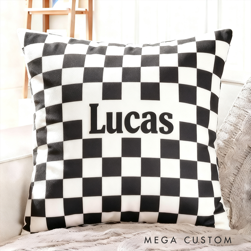 Personalized Checkered Flag Racing Throw Pillow Custom Name Black and White Cushion Gift for Racers and Racing Lovers