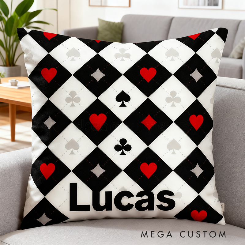 Personalized Checkered Racing and Poker Throw Pillow Custom Name Black White Cushion Gift for Car Lovers and Racing Enthusiasts