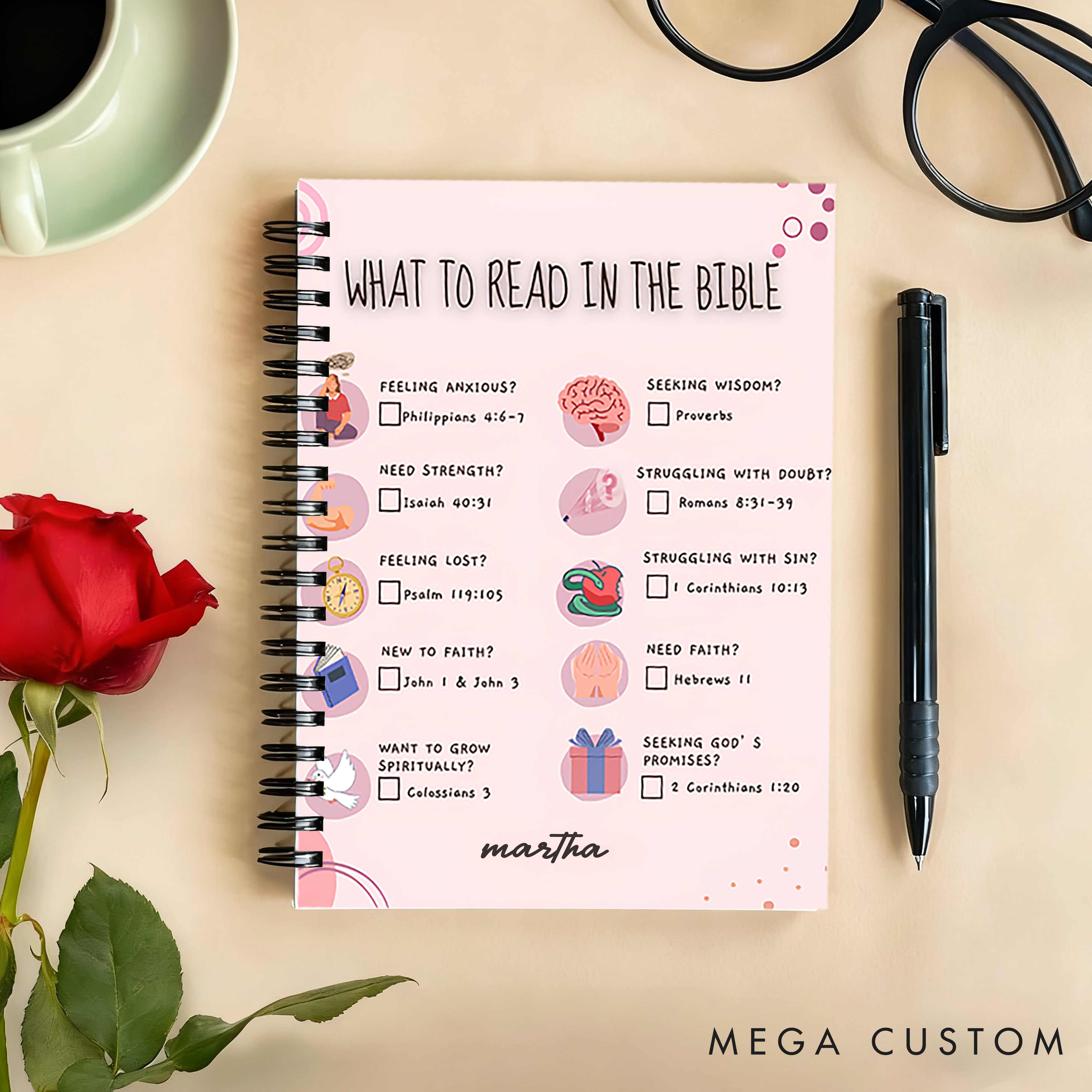 Personalized What to Read in the Bible A5 Spiral Notebook with Name Religious Baptism Gift Mother's Day Gift Birthday Gift for Christian Women