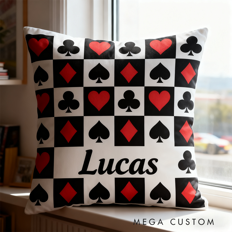 Personalized Poker and Racing Checkered Pillow Custom Name Black and White Throw Cushion Gift for Racers and Racing Lovers