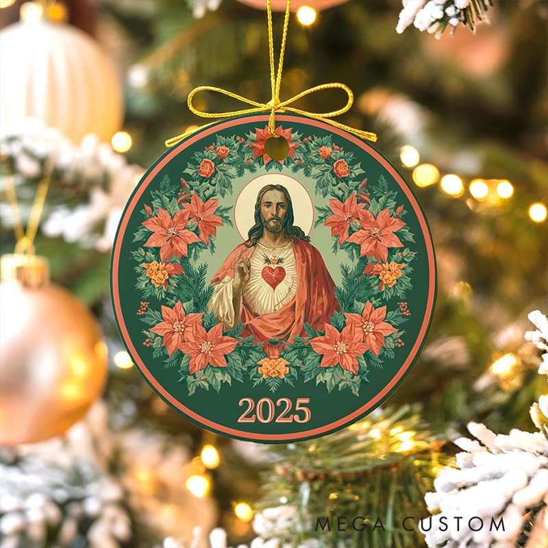 Personalized Sacred Heart of Jesus Ceramic Ornament with Year Religious Gift Christmas Home Decor Catholic Gift