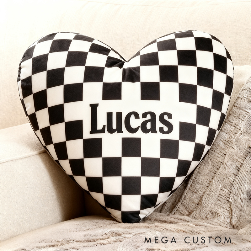 Personalized Heart Shaped Racing Checkered Pillow Custom Name Black and White Cushion Gift for Racing and Car Lovers