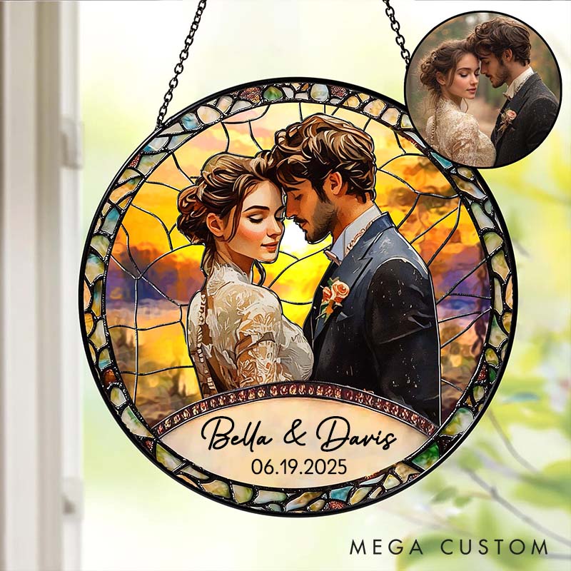 Personalized Couple Stained Glass Photo Suncatcher Newlyweds Portrait Window Hanging Decor Anniversary Gift for Husband Wife Boyfriend Girlfriend
