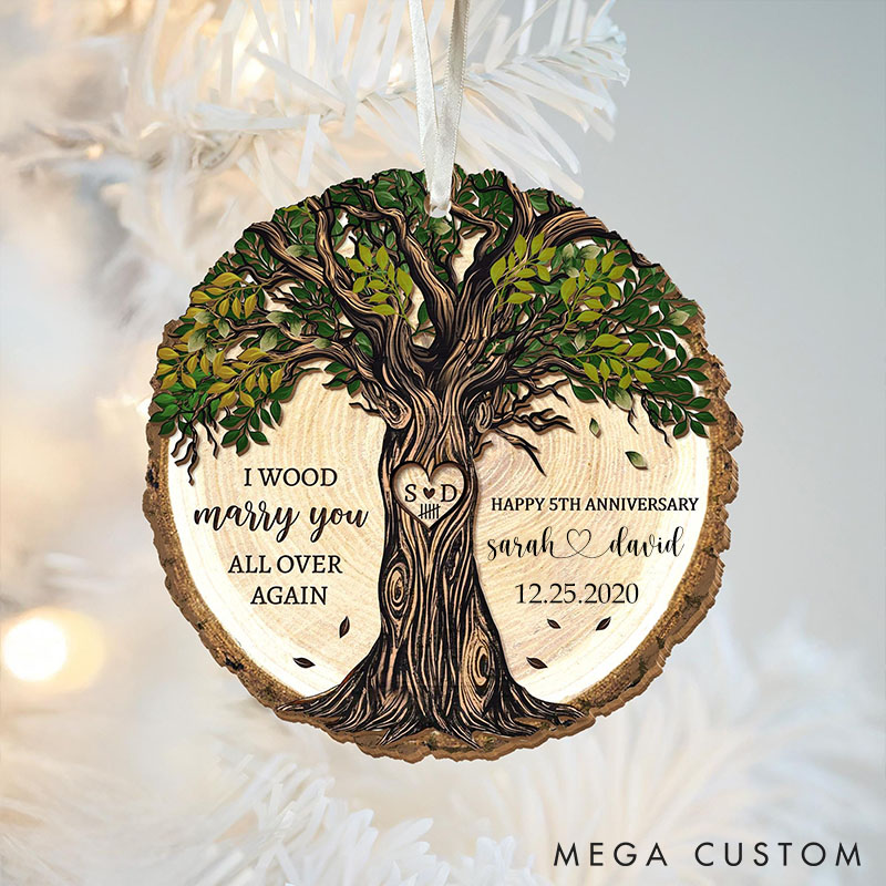 Personalized 5th Anniversary Wooden Ornament Wood Anniversary Gift for Couples Husband Wife 5 Years Anniversary Wood Ornament