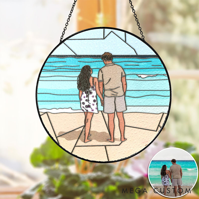 Personalized Couple Faceless Photo Stained Glass Suncatcher Newlyweds Portrait Window Decor Anniversary Gift for Husband Wife Boyfriend Girlfriend