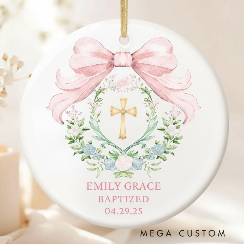 Personalized Cross Bow Ceramic Ornament with Name and Text Religious Gift Baptism Ornament Home Decor for Girls
