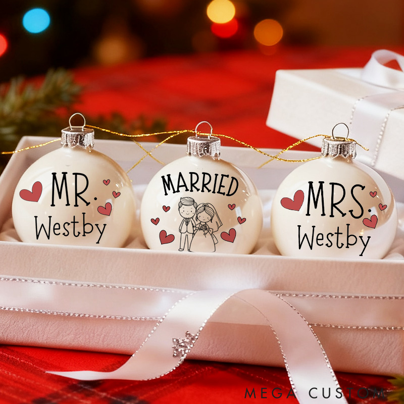 Personalized Mr and Mrs Matching Christmas Ball Ornament Our First Christmas Ornament Set For Newlywed Couple Wedding Ornament Keepsake