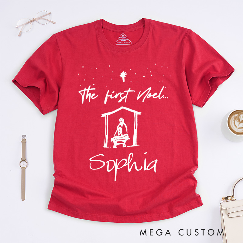 Personalized Nativity Scene Christmas Shirt Custom Name Gift for Men Women The First Noel Classic T-shirt Religious Holiday Present for Music Lover