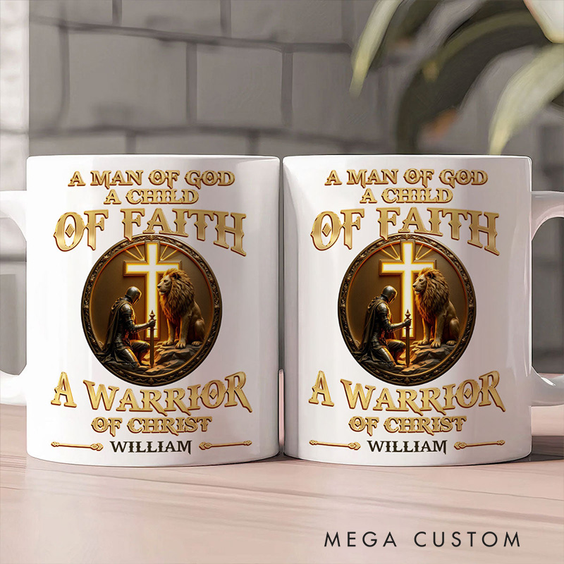 Personalized a Man of God Warrior of Christ Ceramic Mug with Name Religious Gift Christian Gift for Men