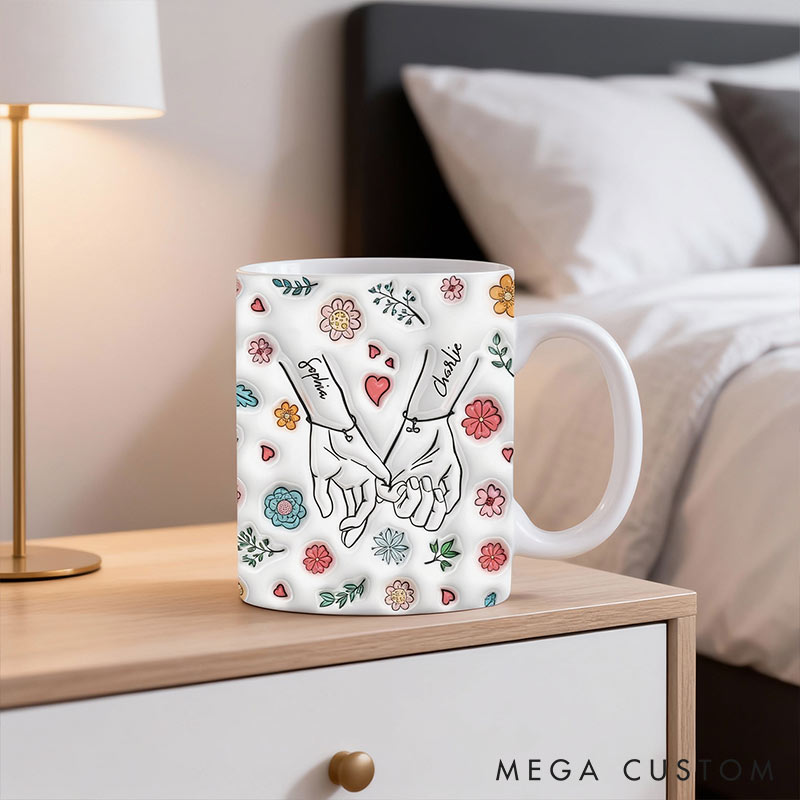Personalized Couple Pinky Promise Mug Custom Names Mug 3D inflated Effect Printed Mug Anniversary Gift For Husband Wife for Her Him