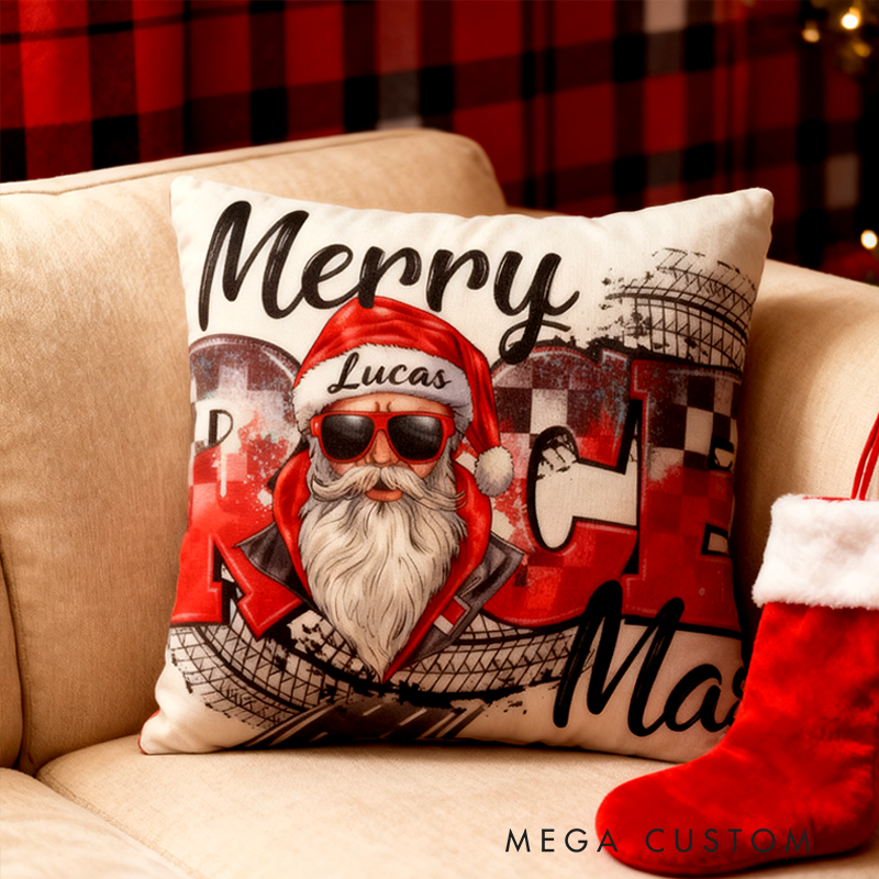 Personalized Merry Race Mas Pillow Custom Name Racing Santa Claus Christmas Throw Pillow Gift for Racers and Car Lovers