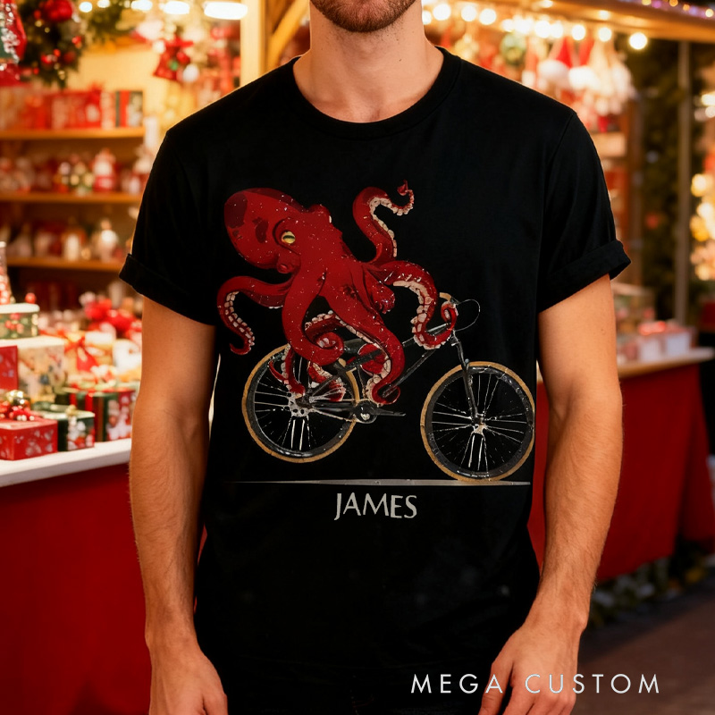 Personalized Octopus Riding Bicycle T-Shirt for Funny Kraken Graphic Tee Cyclist Biker Rider Cycling Lovers