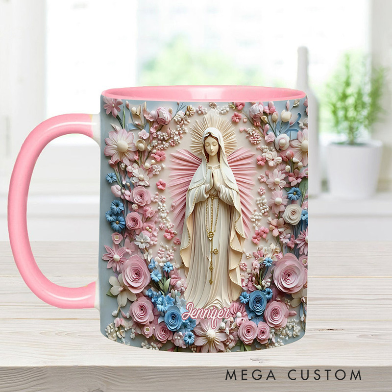Personalized Floral Serenity of Mary Ceramic Mug with Name Religious Inspirational Gift Catholic Gift for Women