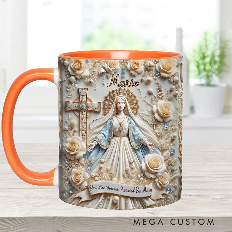 Personalized you are Forever Protected by Mary Ceramic Mug with Name Religious Inspirational Gift Catholic Gift for Women