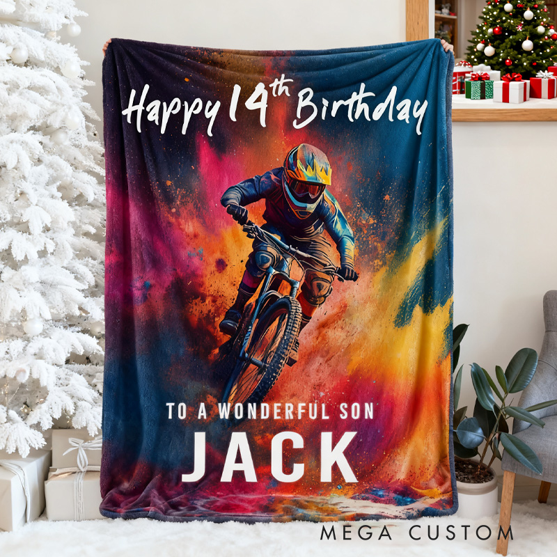 Personalized Mountain Biking Blanket Birthday Custom Mountain Biker Gift Soft Throw Blanket Mountain Bike Decor Bike Racing Birthday Cycling Gifts