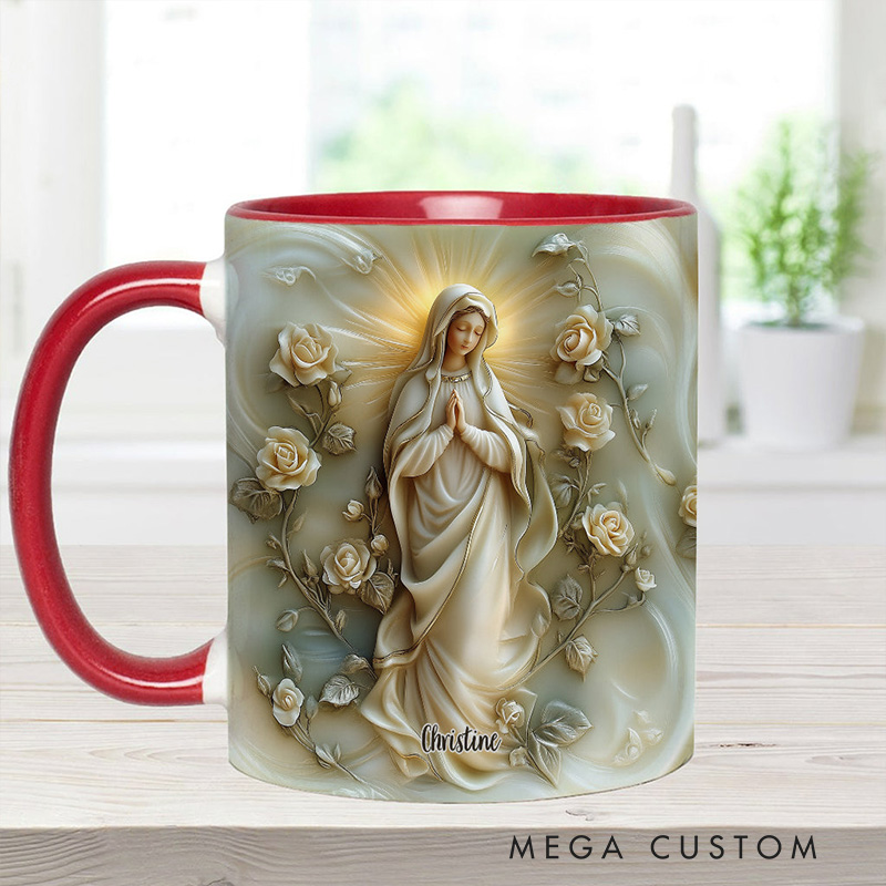 Personalized Virgin Mary Floral Ceramic Mug with Name Religious Inspirational Gift Catholic Gift for Women
