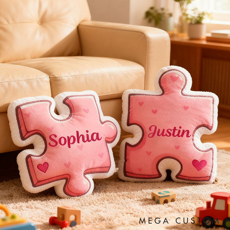 Personalized Girlfriend Pink Heart Puzzle Piece Pillow Custom Wife Name Cushion Valentine's Day Pillow for Husband Wife Christmas Gift for Him Her