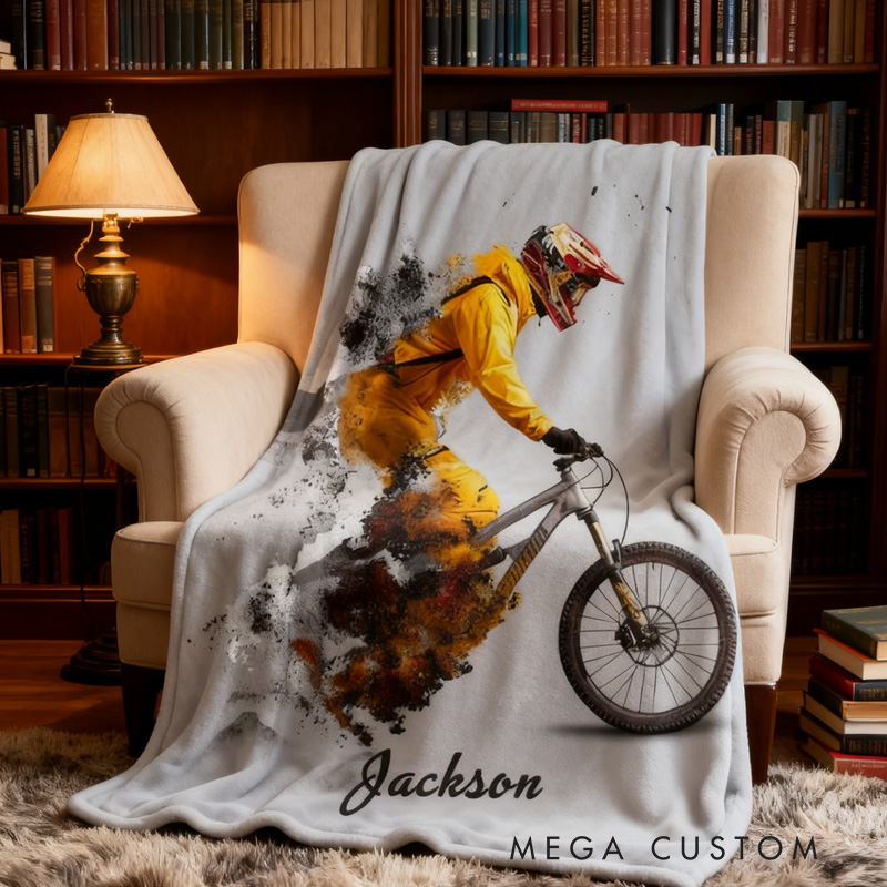 Personalized Mountain Bike Sherpa Blanket Explosion Dynamic Cycling Art Throw Blanket Bike Racing Birthday Cycling Gifts