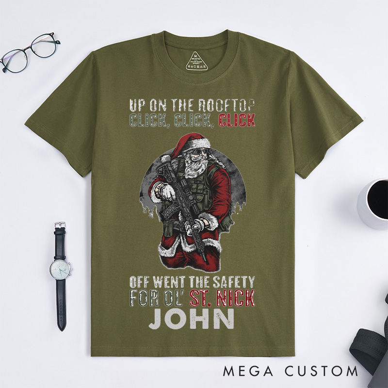 Personalized Military Santa Christmas Shirt Custom Name Tee Holiday Gift for Men Women Funny Xmas Classic T-shirt for Music Lover Family and Friends