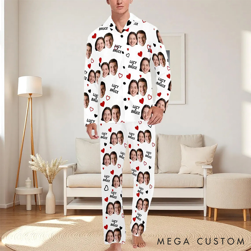 Personalized Couple Face Photo Pajamas Set Costom Name Photo Valentine's Day Heart Pajamas for Boyfriend Girlfriend for Wife Husband