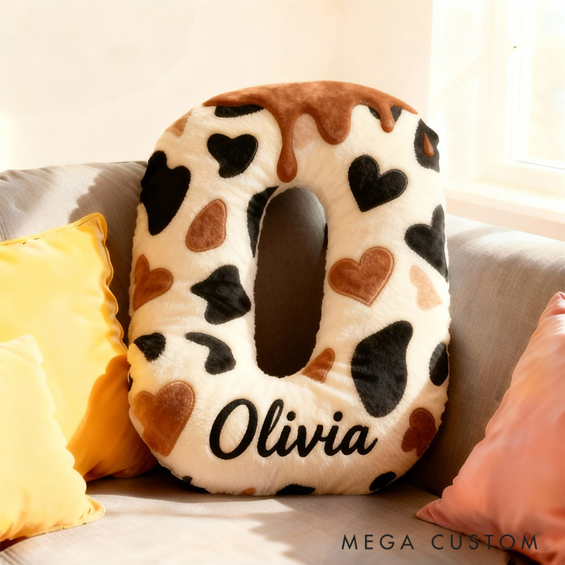 Personalized Girlfriend Brown Cow Print Heart Pillow Custom Wife Name Graphic 3D Print Cushion Valentine's Day Pillow Christmas Gift for Him Her