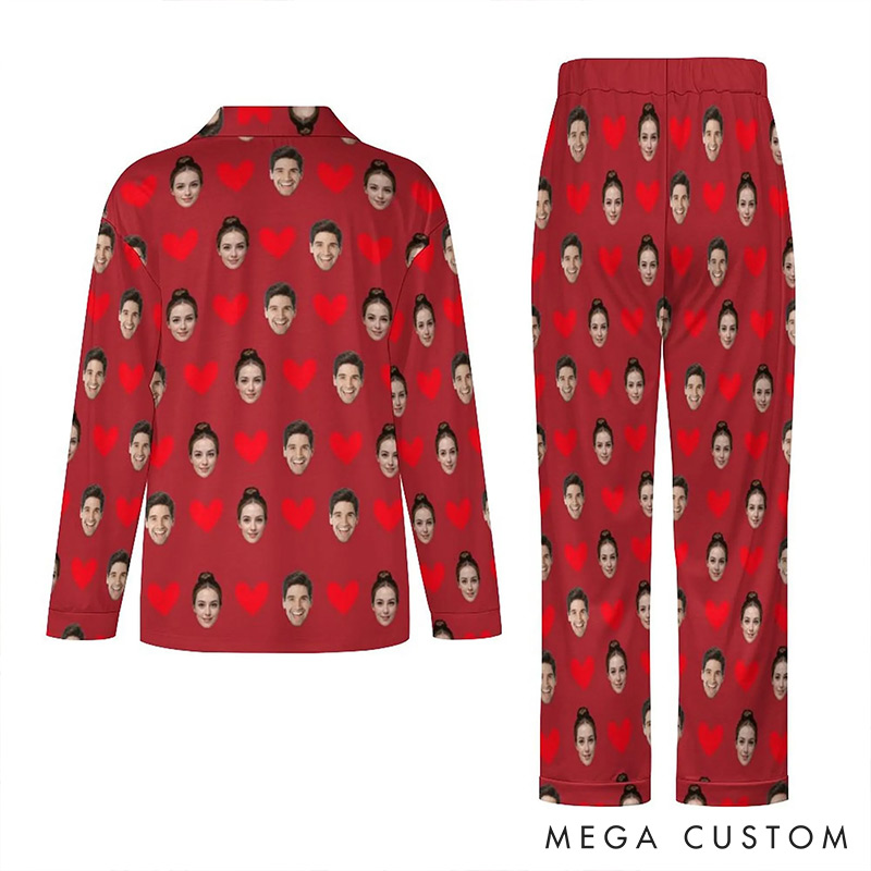 Personalized Couple Face Photo Pajamas Set Costom Photo Valentine's Day Heart Pajamas for Boyfriend Girlfriend for Wife Husband