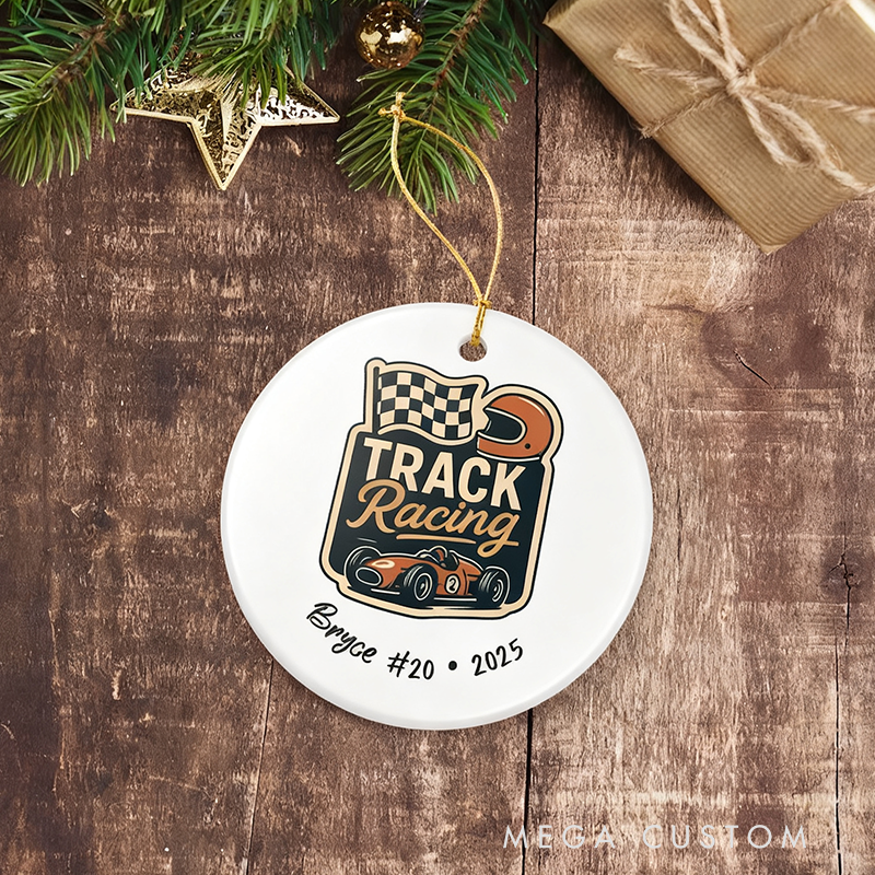Personalized Racing Christmas Ornament Custom Name and Number Ceramic Round Track Racing Decoration Gift for Car Lovers and Motorsports Fans