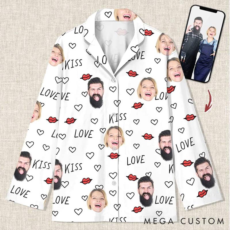 Personalized Couple Kiss Face Photo Pajamas Set Costom Photo Valentine's Day Heart Pajamas for Boyfriend Girlfriend for Wife Husband