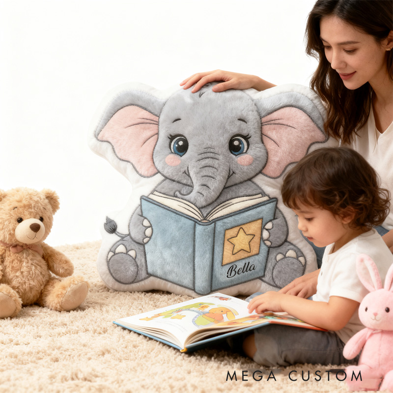Personalized Reading Elephant Throw Pillow Graphic 3D Print Animal Pillow with Name for Kids Boys Girls Book Lover Gifts Birthday Gift