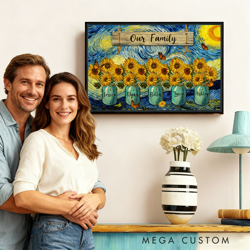 Personalized Our Family Van Gogh Style Starry Night Sunflower Vase Poster Without Frame Custom Art Lover Gift for Her Mom Grandmother for Mother's Day