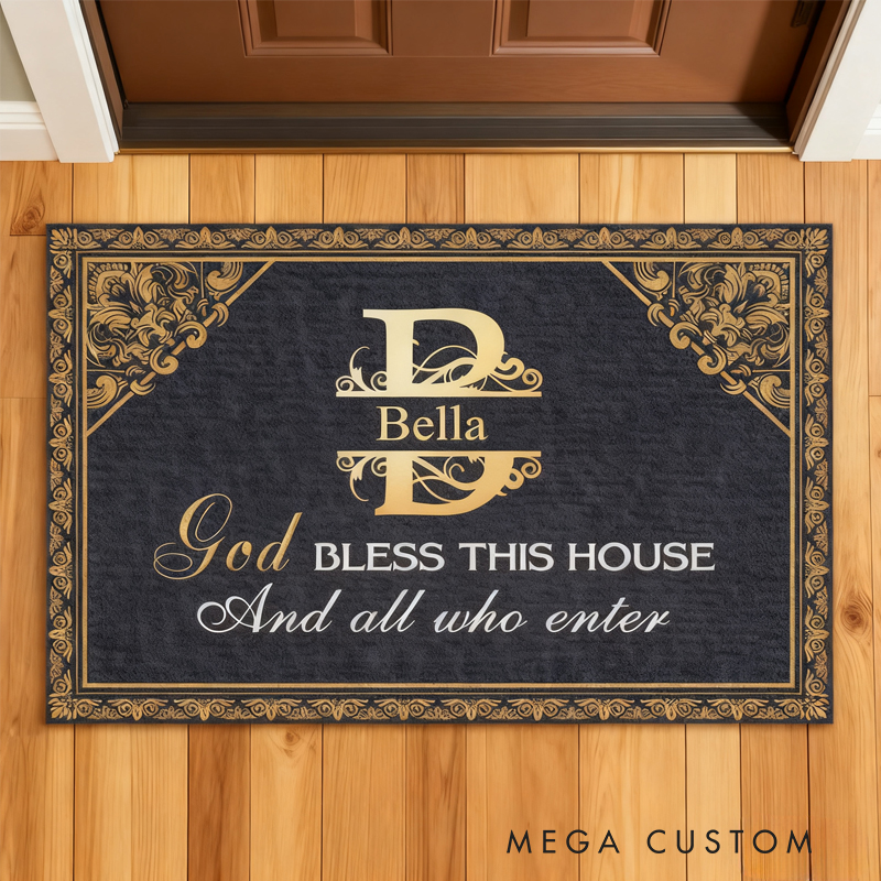 Personalized God Bless this House and All Who Enter Doormat with Name Non-Slip Durable Front Door Decor Religious Gift for Faithful Family
