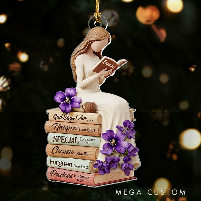 Personalized Birth Flower God Says i am Bible Verse Faithful Reflections Acrylic Ornament with Name Holiday Tree Decor Religious Gift Christmas Gift for Christian