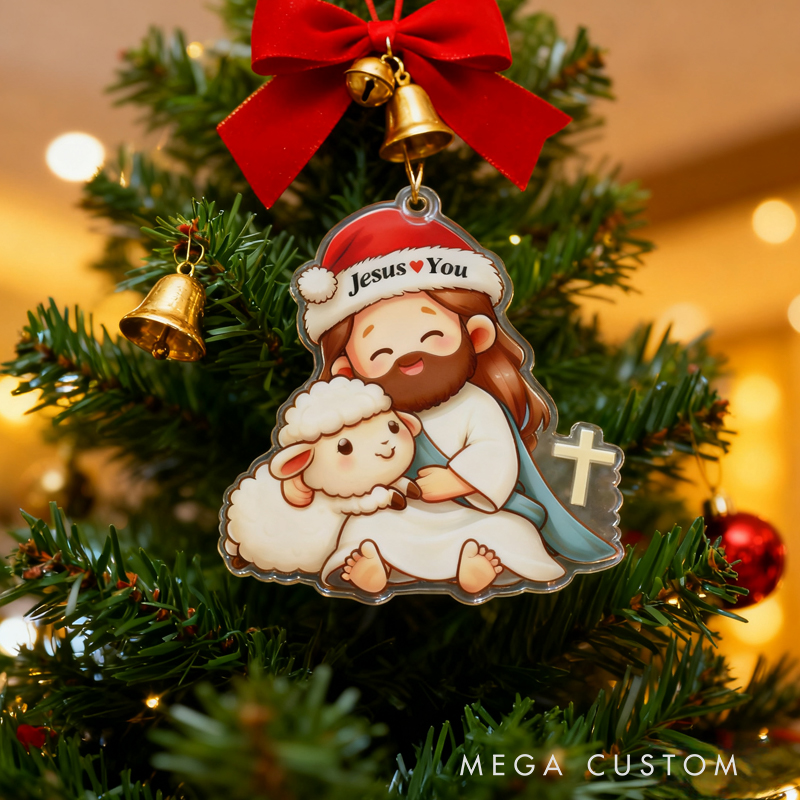 Personalized Cute Jesus Lamb Acrylic Ornament with Jesus Love you Custom Name Holiday Tree Decor Religious Gift for Kids Christian Gift for Christmas