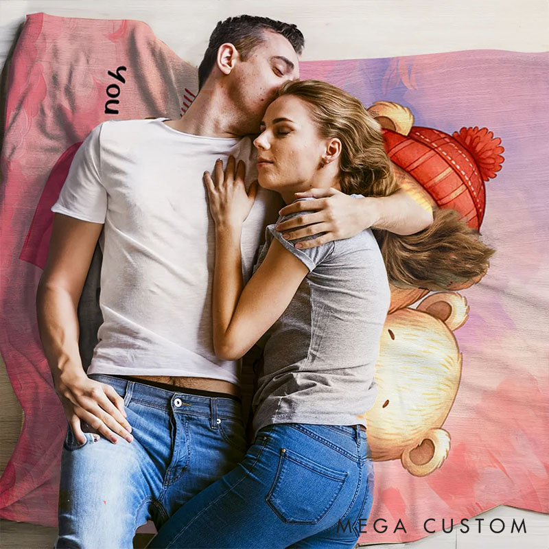 Personalized Cartoon Couple Bear in Love Blanket Custom Newlyweds Name Beer Heart Blanket Valentine's Day Gift for Husband Wife Boyfriend Girlfriend