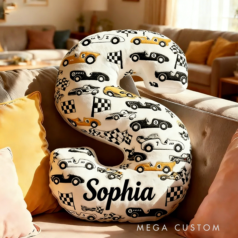 Personalized Racing Letter Pillow Custom Name and Initial Graphic Print Alphabet Cushion Graphic 3D Print Gift for Car Lovers
